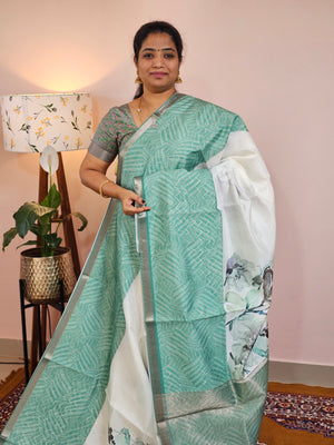 Soft Semi Tussar Zari Weaving  Border - Sea Green