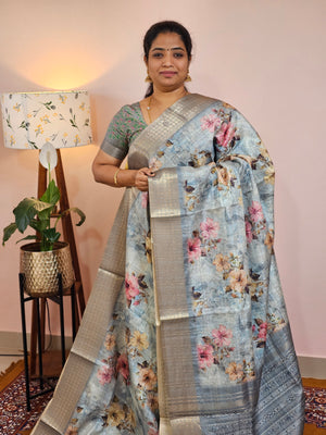 Semi Tussar with Classy Borders  - Grey