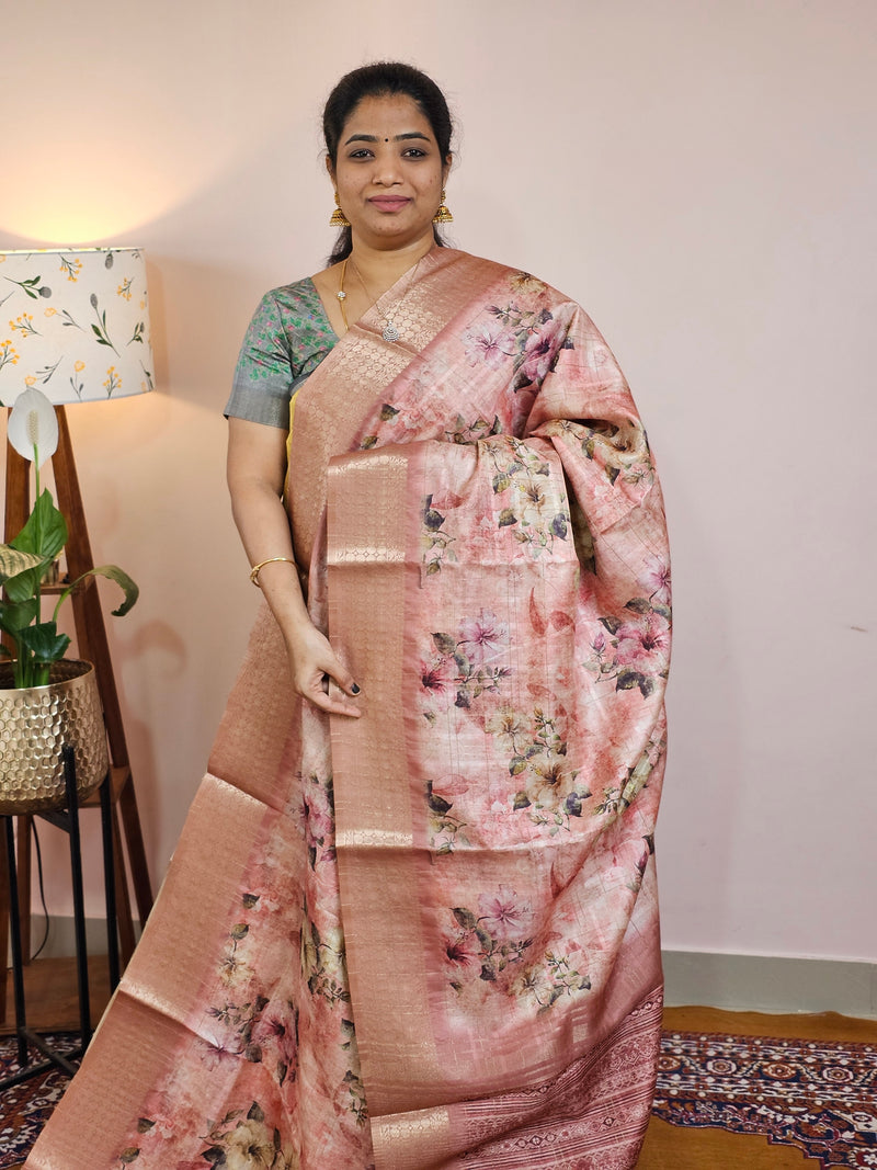 Semi Tussar with Classy Borders  - Peach