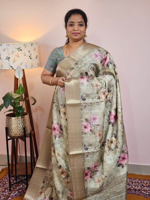 Semi Tussar with Classy Borders  - Green