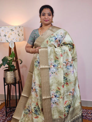 Semi Tussar with Classy Borders  - Green