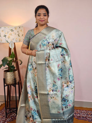 Semi Tussar with Classy Borders  - Sea Blue