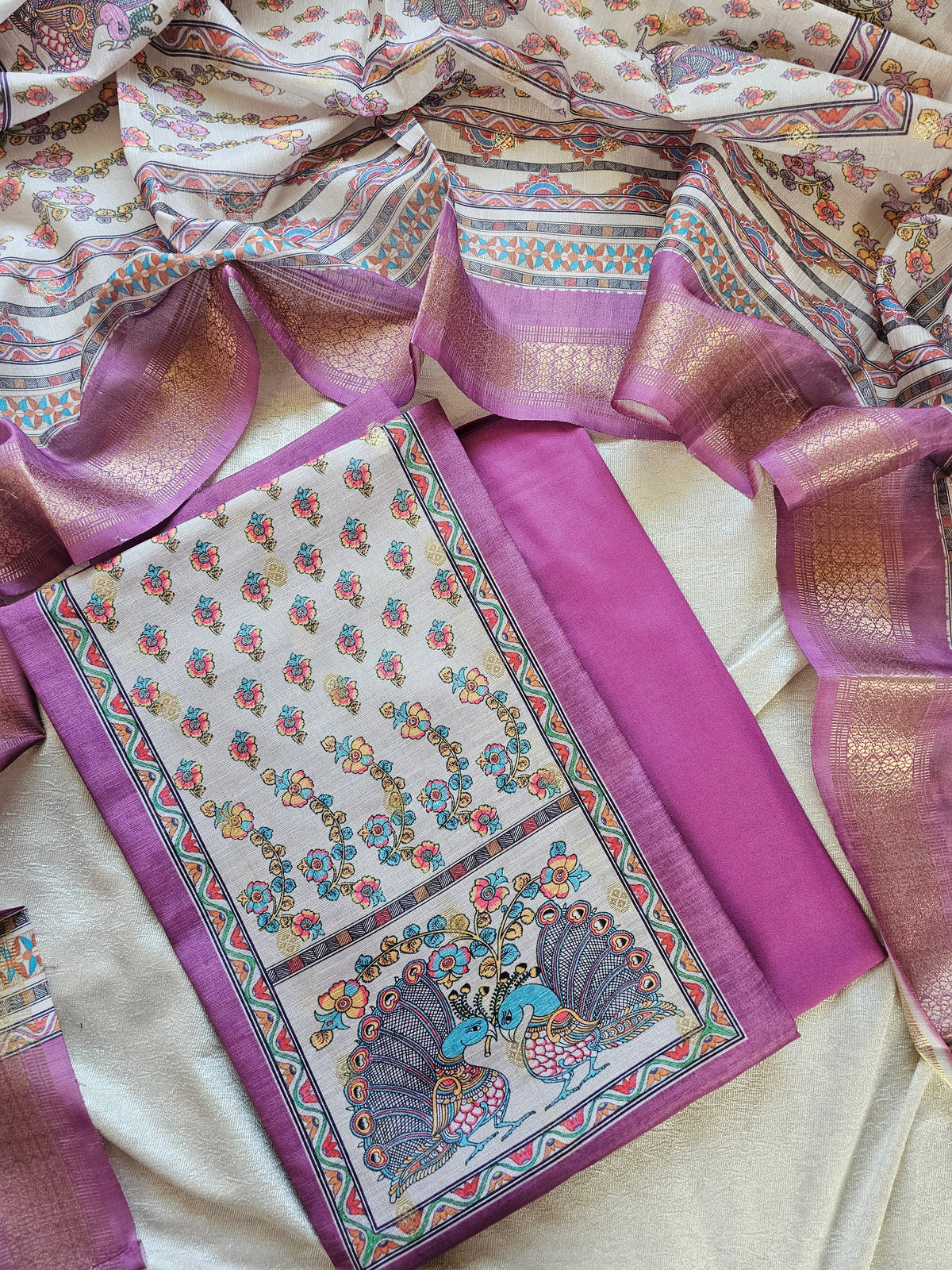 Semi Tussar Digital Prints Unstitched Salwar - Dark Pink
