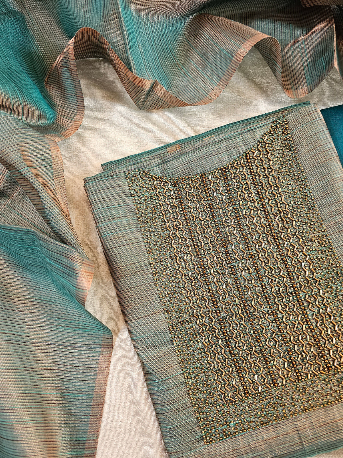 Tissue Silk - Peacock Green with Gold