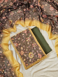 Chanderi Unstitched Salwar - Yellow with Dark Green