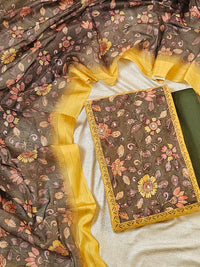 Chanderi Unstitched Salwar - Yellow with Dark Green