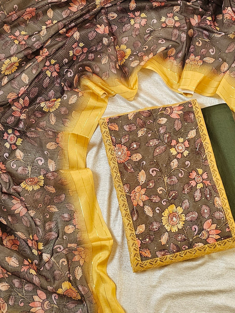 Chanderi Unstitched Salwar - Yellow with Dark Green