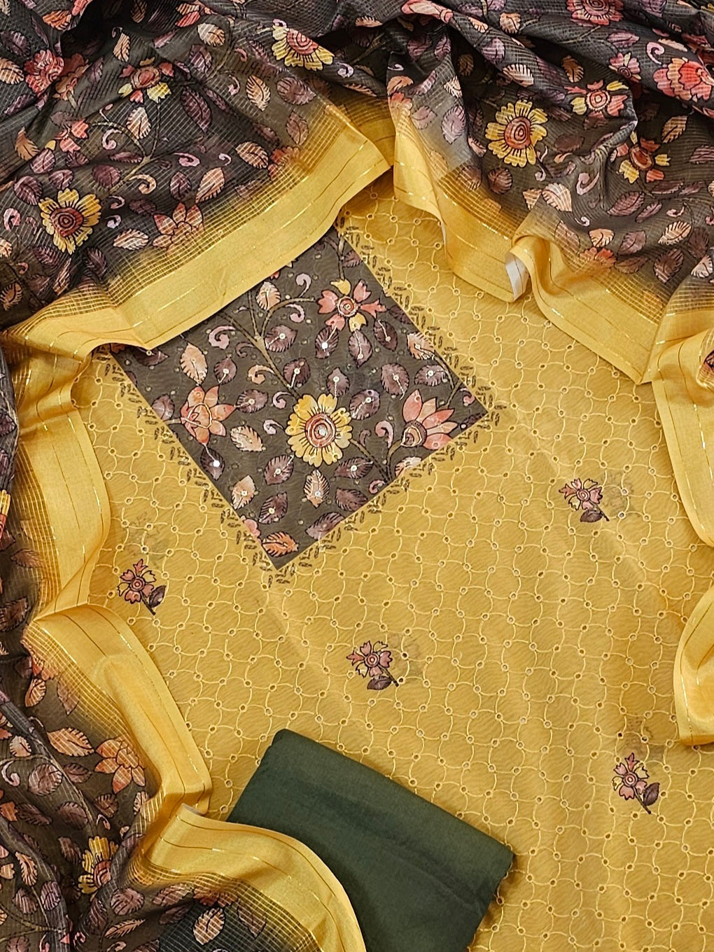 Chanderi Unstitched Salwar - Yellow with Dark Green