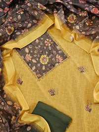 Chanderi Unstitched Salwar - Yellow with Dark Green
