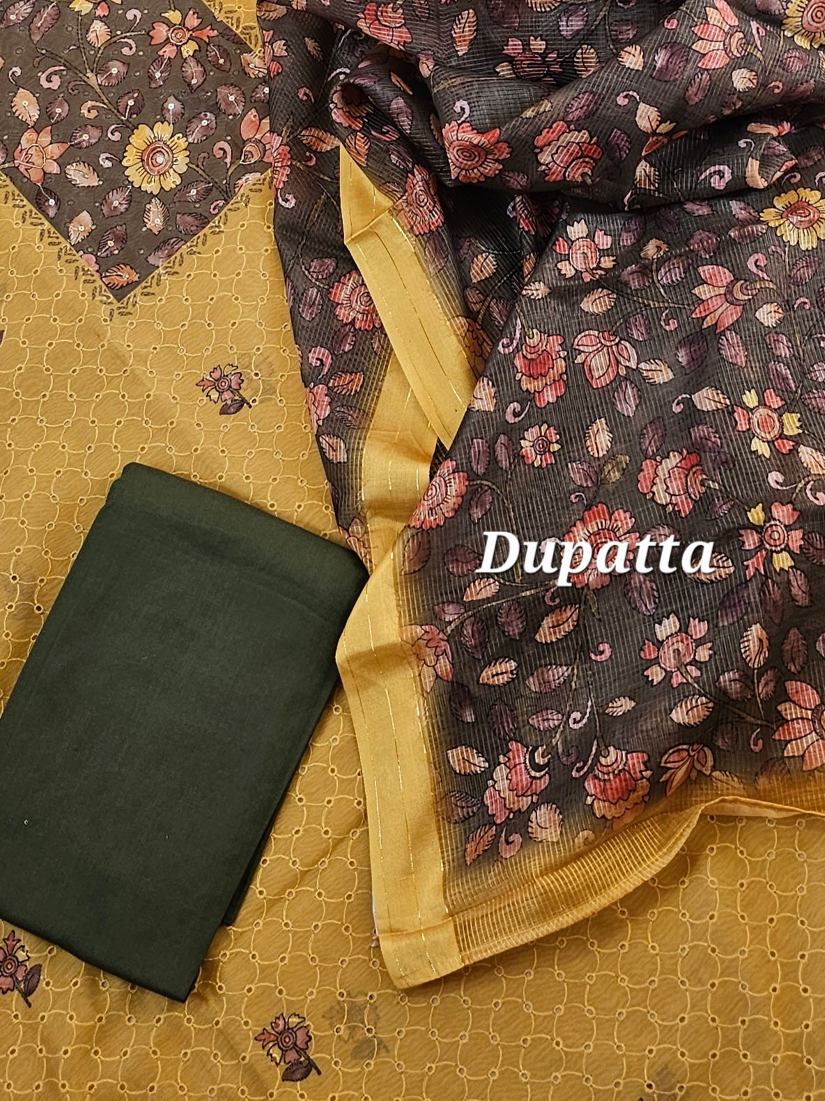 Chanderi Unstitched Salwar - Yellow with Dark Green