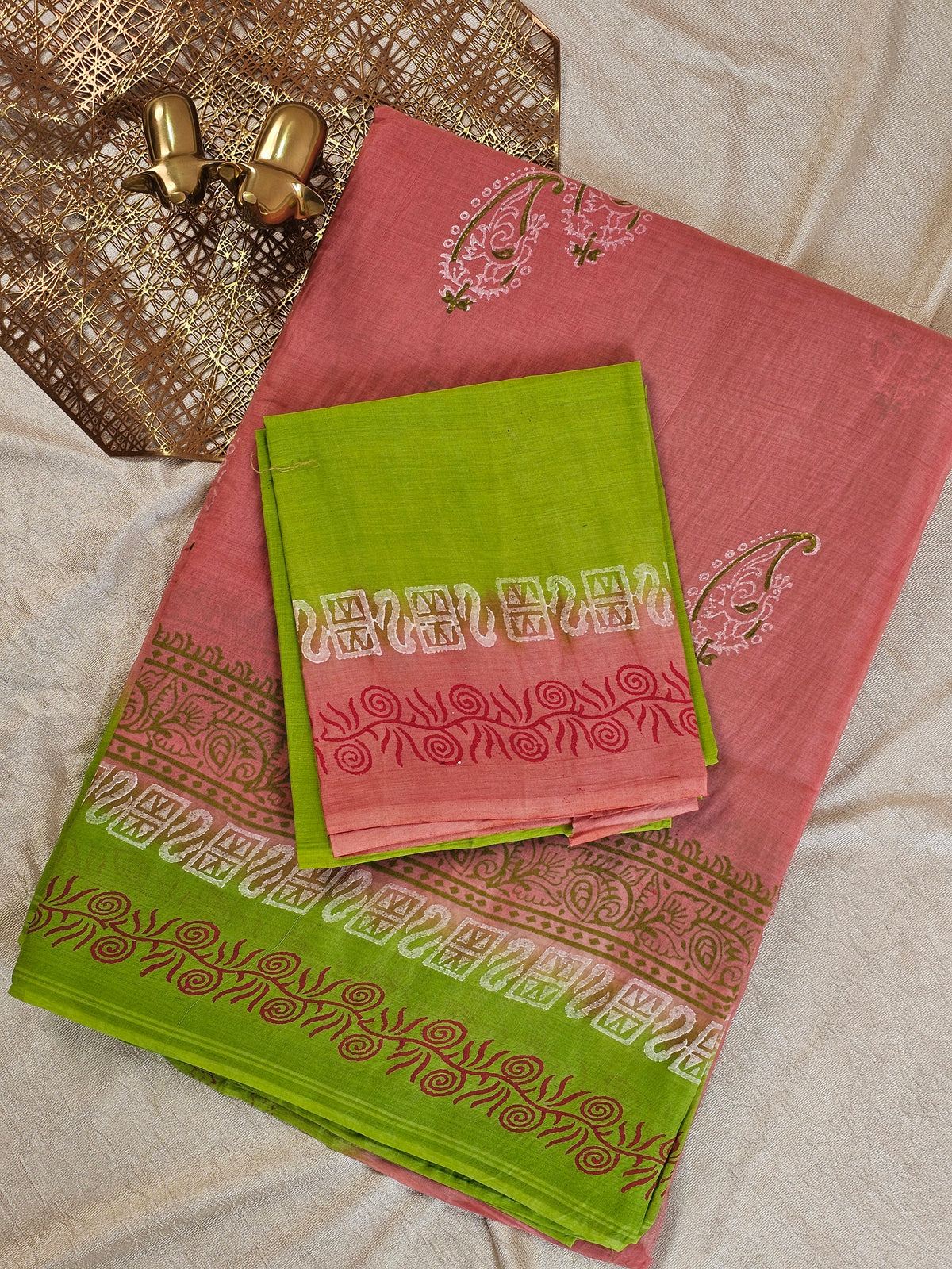 Pure Cotton with Hand Block Prints -  Green  with Pink