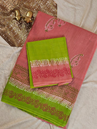 Pure Cotton with Hand Block Prints -  Green  with Pink