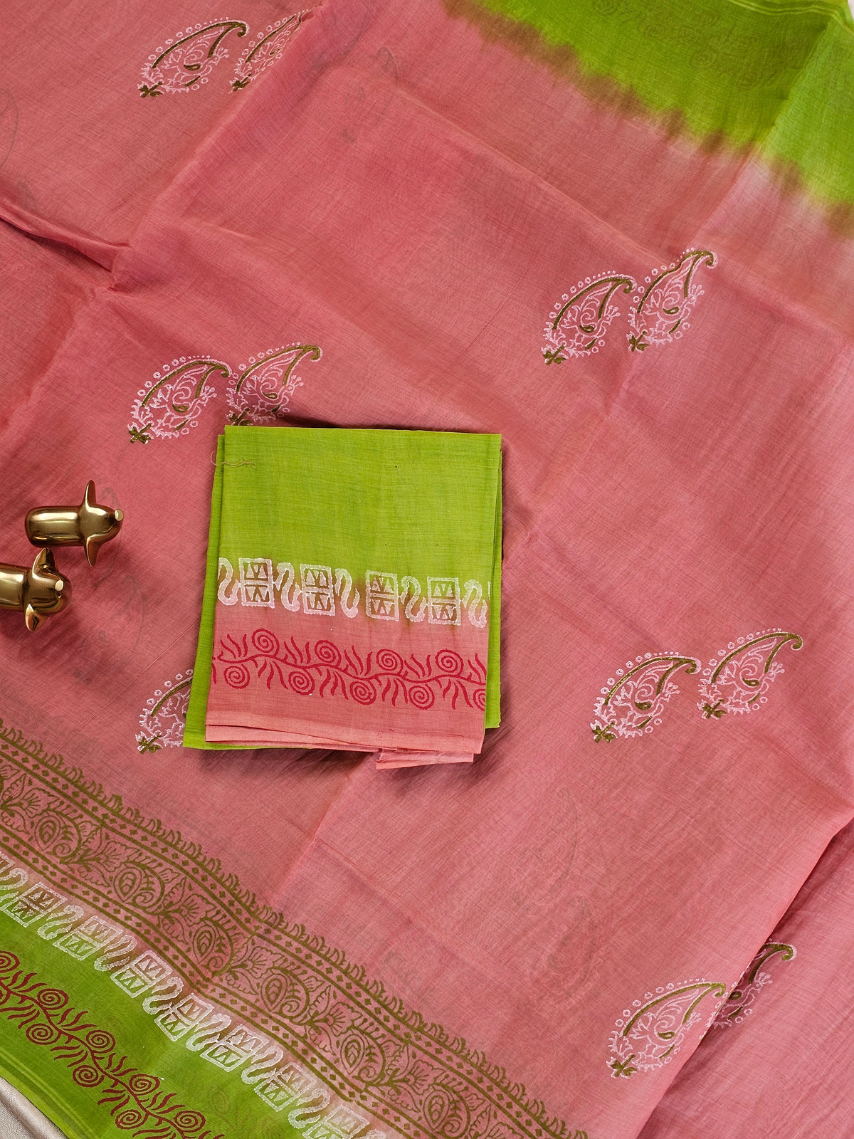 Pure Cotton with Hand Block Prints -  Green  with Pink
