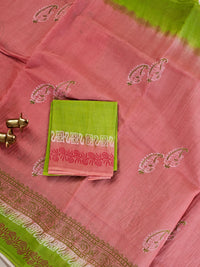 Pure Cotton with Hand Block Prints -  Green  with Pink