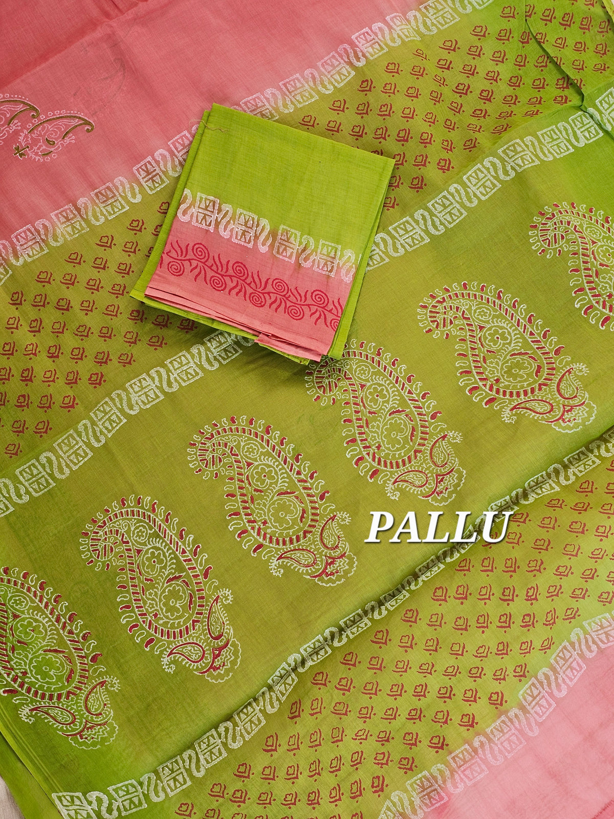 Pure Cotton with Hand Block Prints -  Green  with Pink