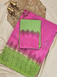 Pure Cotton with Hand Block Prints - Pink with Green