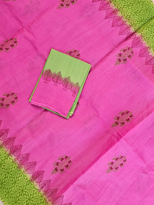 Pure Cotton with Hand Block Prints - Pink with Green