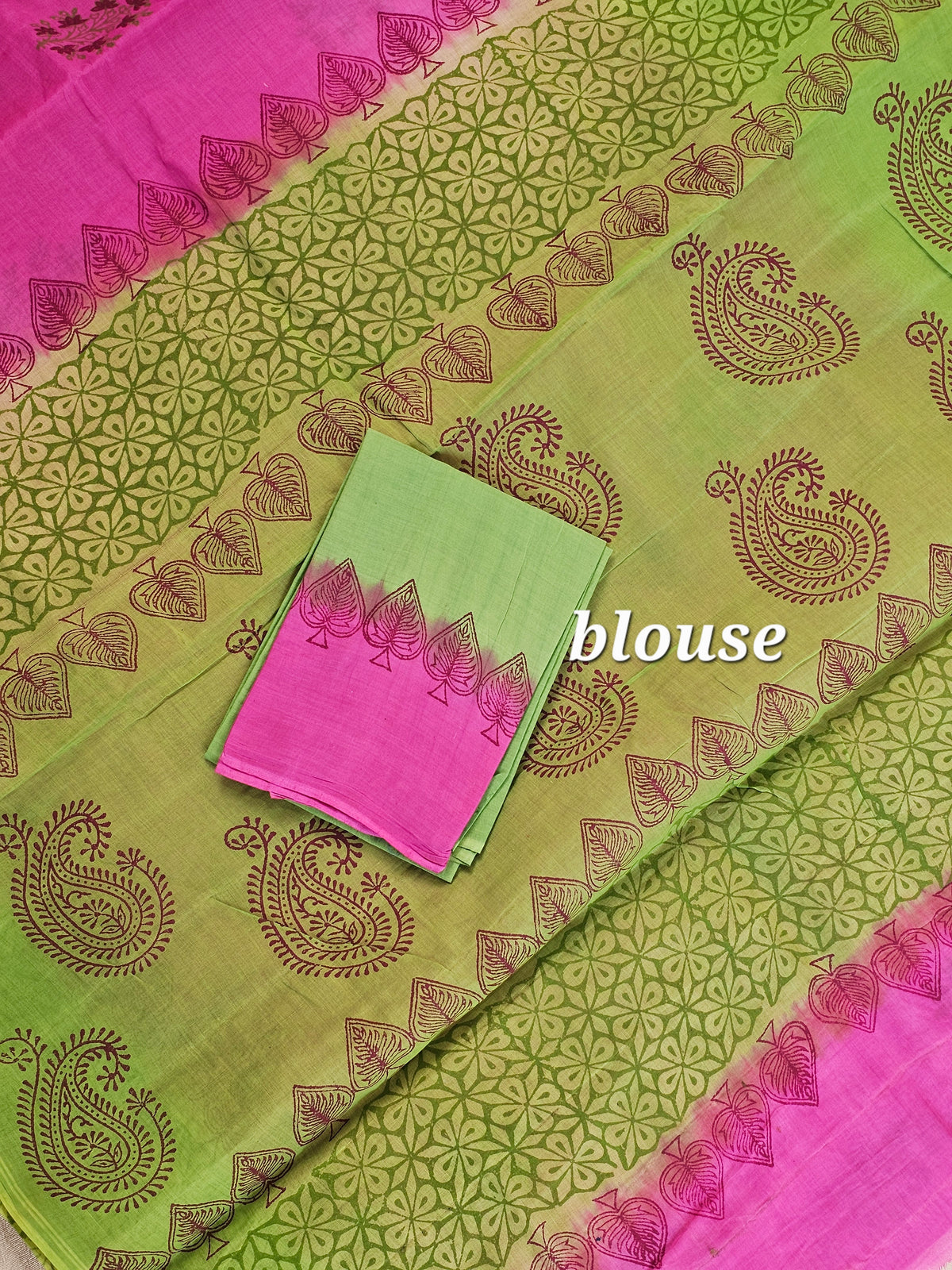 Pure Cotton with Hand Block Prints - Pink with Green