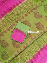 Pure Cotton with Hand Block Prints - Pink with Green