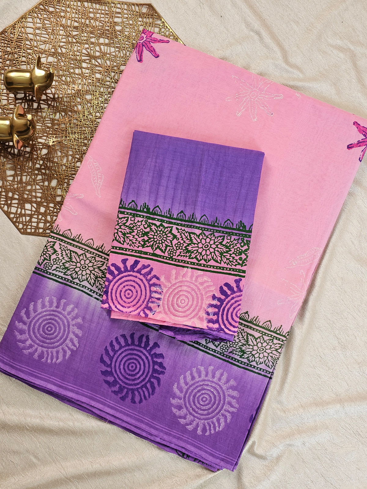 Pure Cotton with Hand Block Prints - Pink with Purple