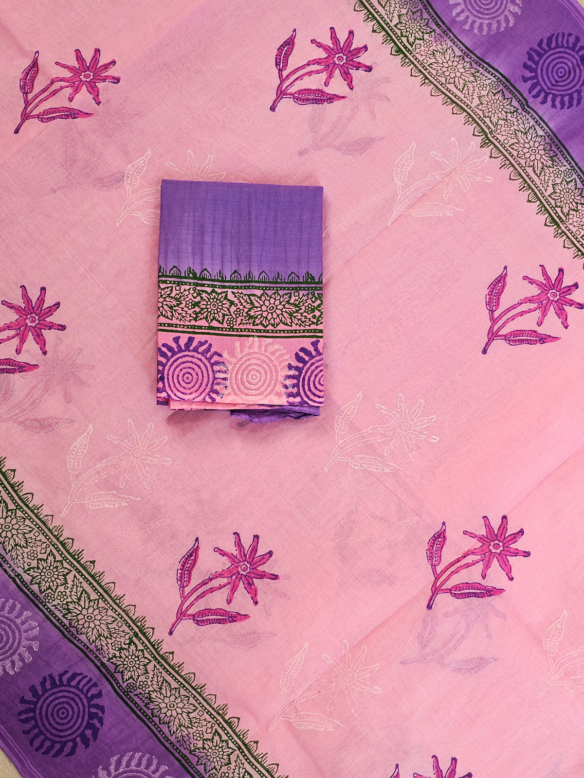 Pure Cotton with Hand Block Prints - Pink with Purple