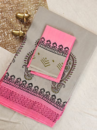 Pure Cotton with Hand Block Prints - light Grey with Pink
