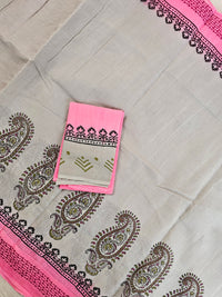 Pure Cotton with Hand Block Prints - light Grey with Pink