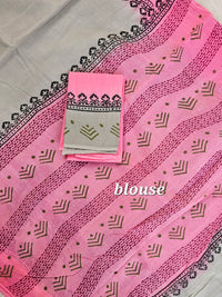 Pure Cotton with Hand Block Prints - light Grey with Pink