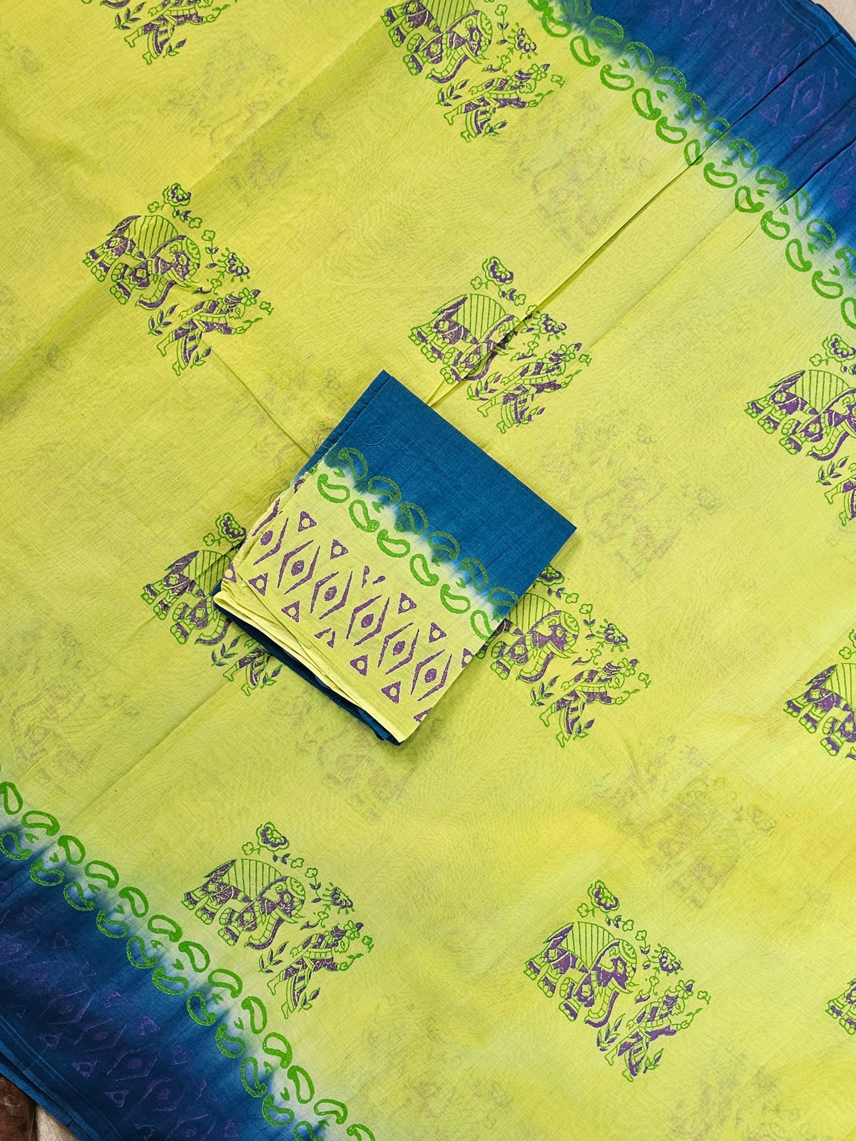 Pure Cotton with Hand Block Prints -  Green with Peacock Blue