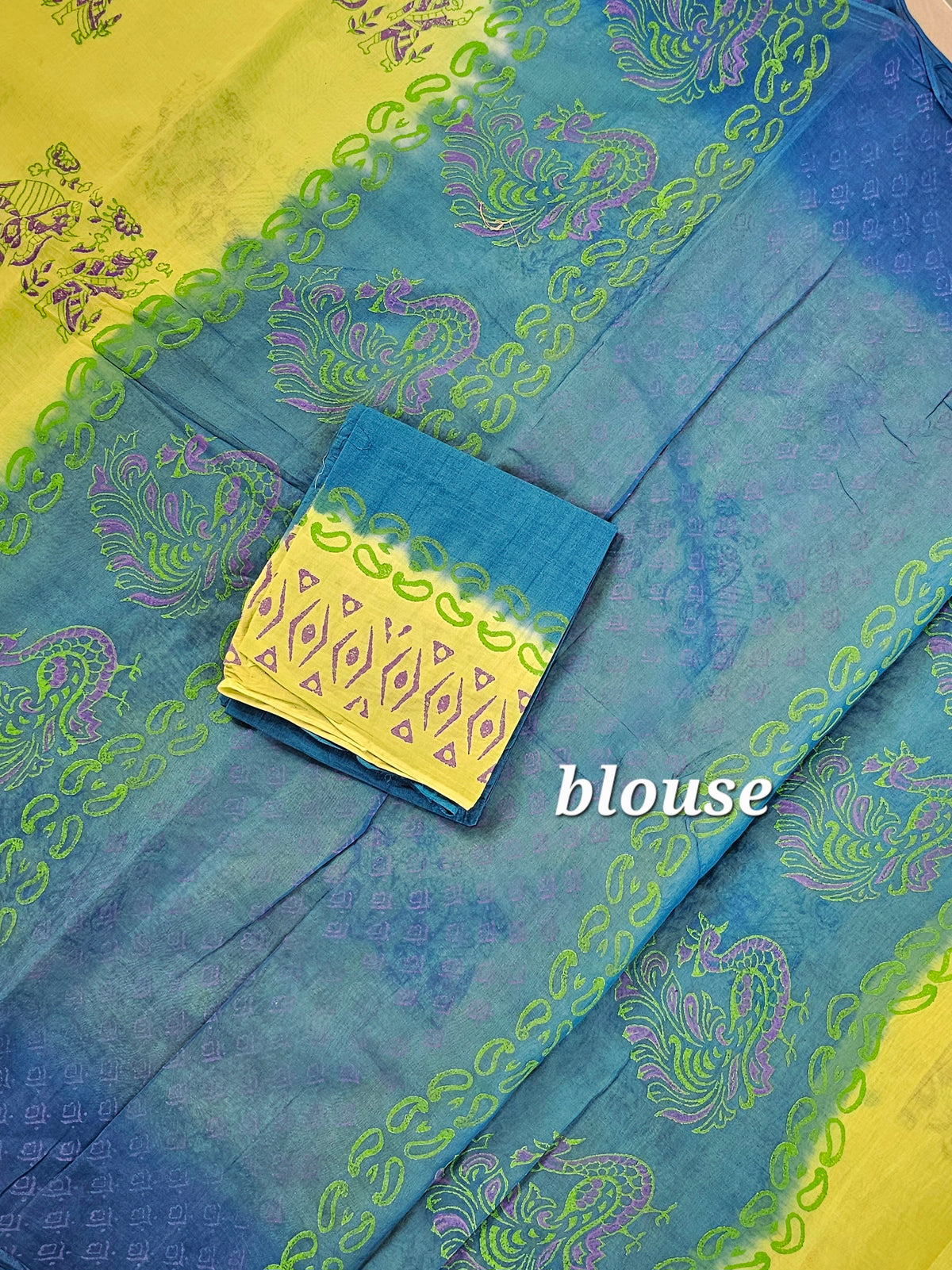 Pure Cotton with Hand Block Prints -  Green with Peacock Blue