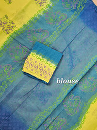 Pure Cotton with Hand Block Prints -  Green with Peacock Blue