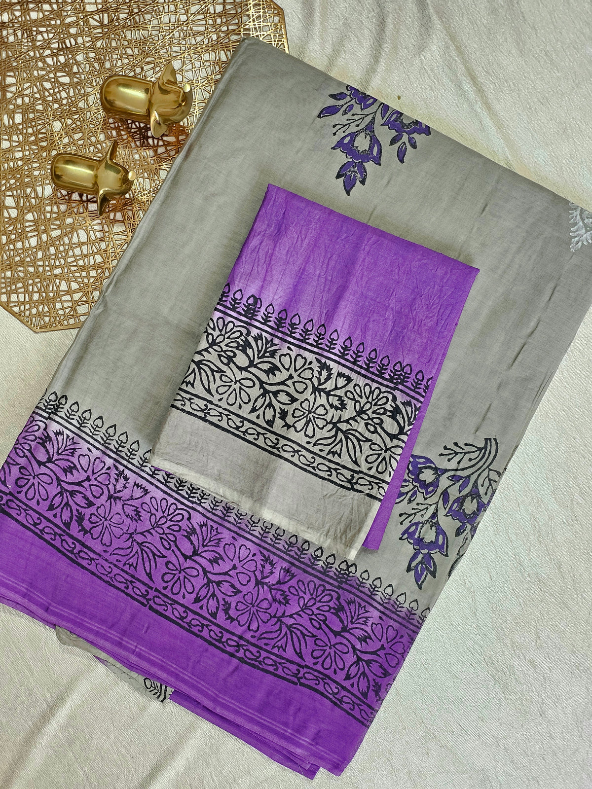 Pure Cotton with Hand Block Prints - Grey with  Purple