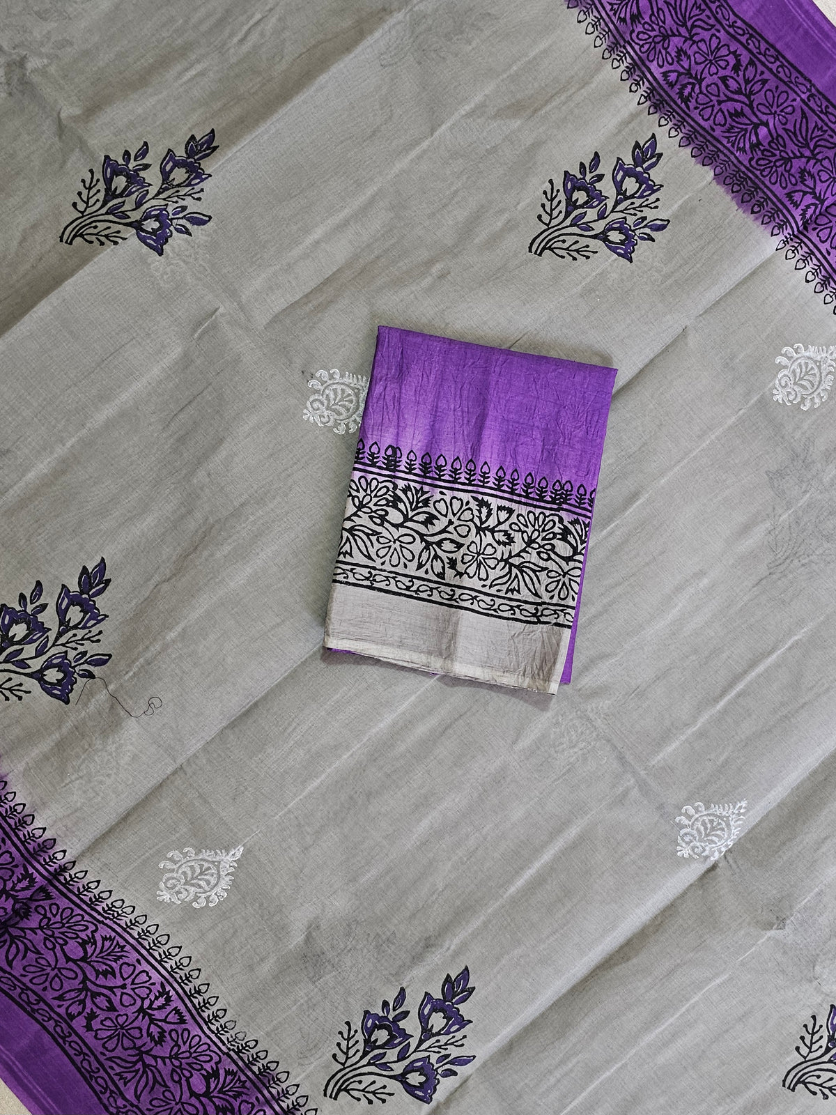Pure Cotton with Hand Block Prints - Grey with  Purple
