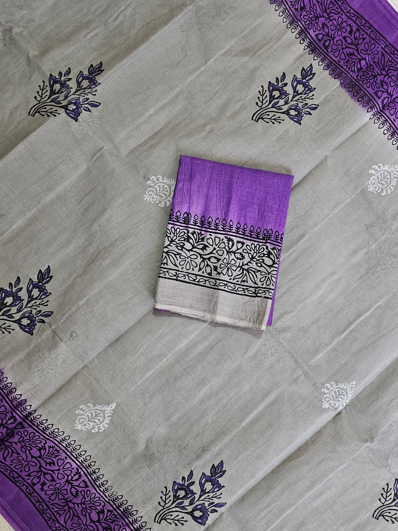 Pure Cotton with Hand Block Prints - Grey with  Purple