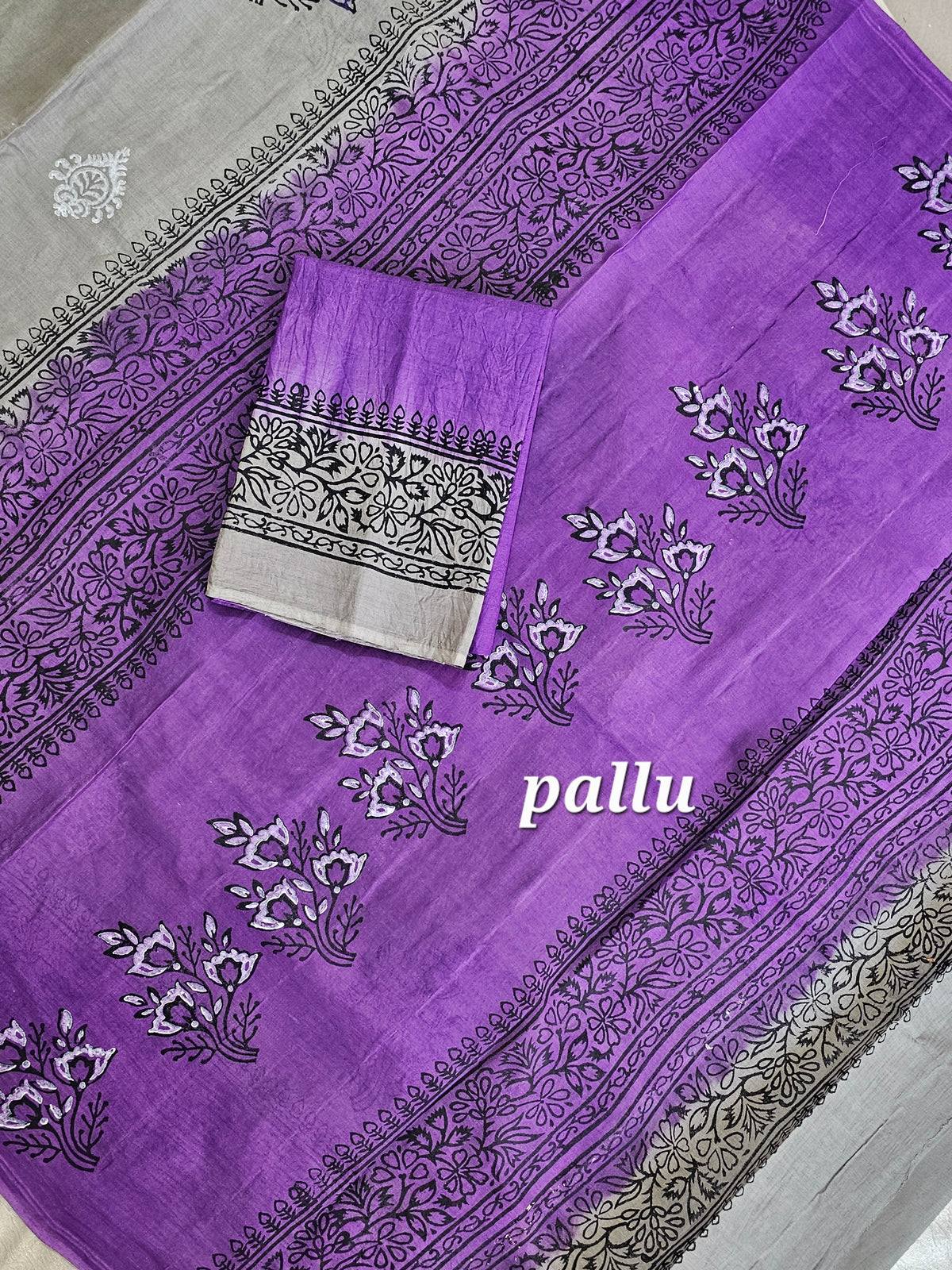 Pure Cotton with Hand Block Prints - Grey with  Purple