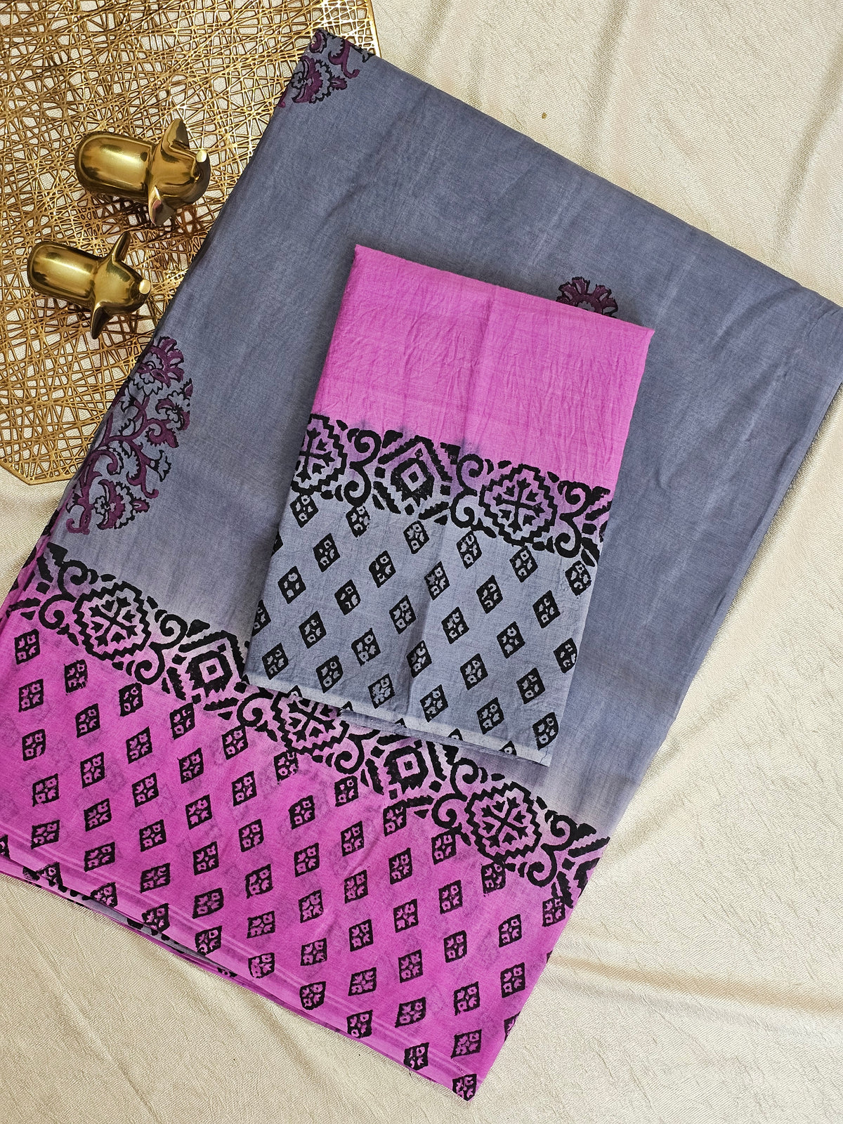 Pure Cotton with Hand Block Prints - Grey with Pink