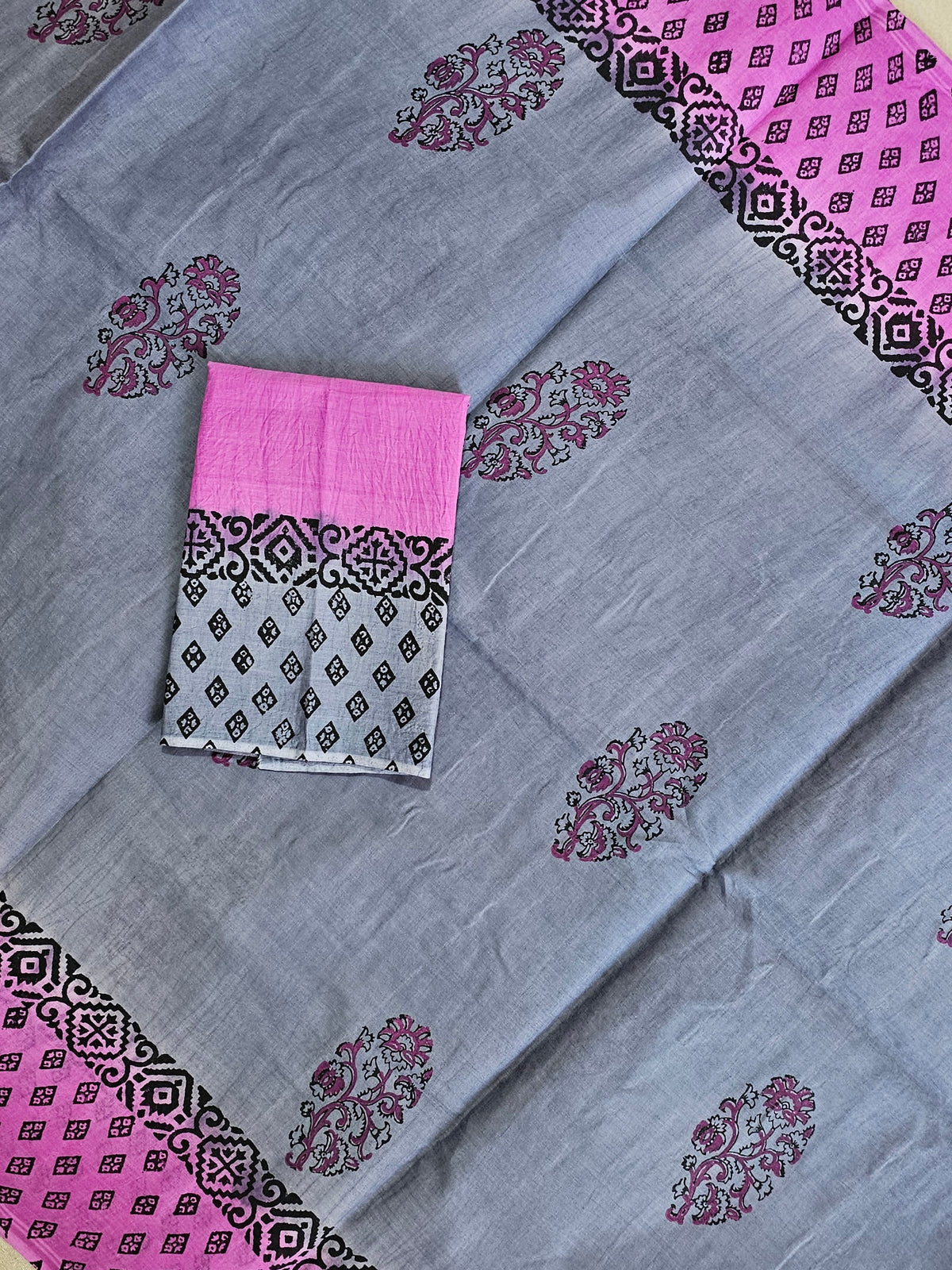 Pure Cotton with Hand Block Prints - Grey with Pink
