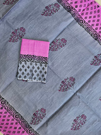 Pure Cotton with Hand Block Prints - Grey with Pink