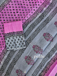 Pure Cotton with Hand Block Prints - Grey with Pink