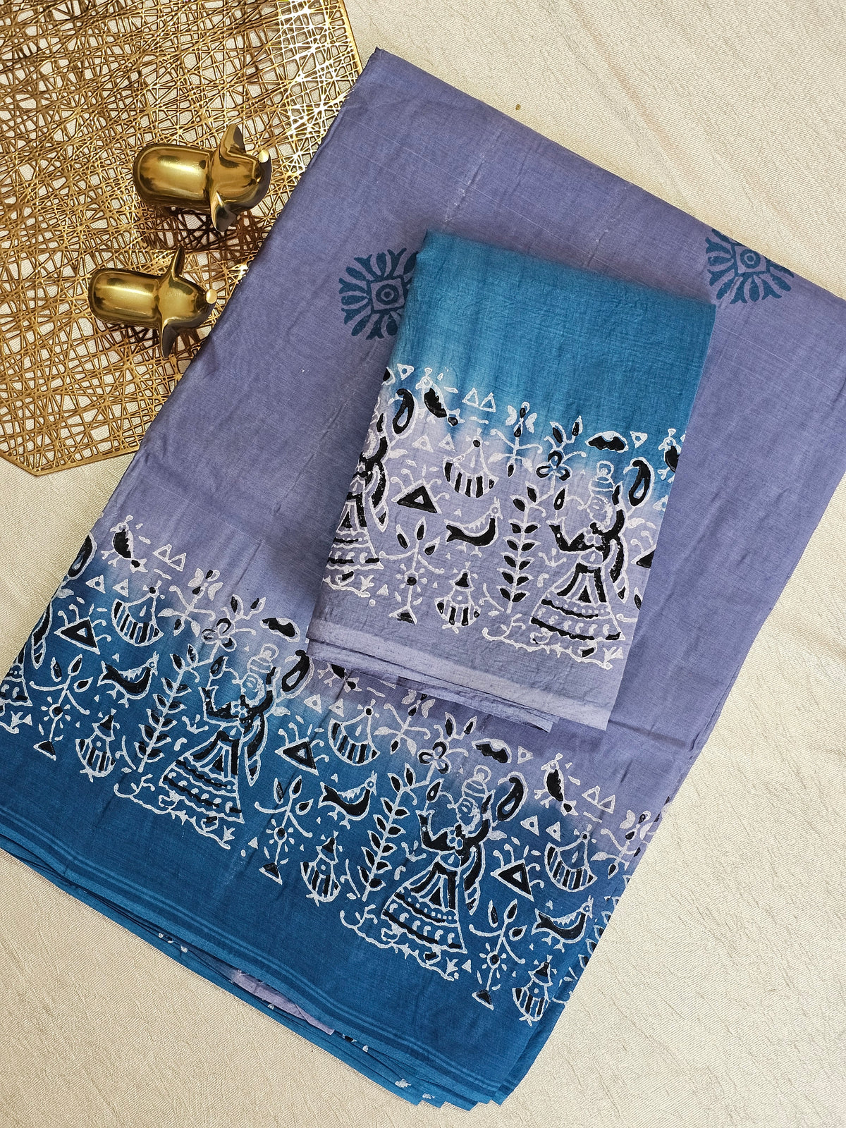 Pure Cotton with Hand Block Prints - Grey with Peacock Blue