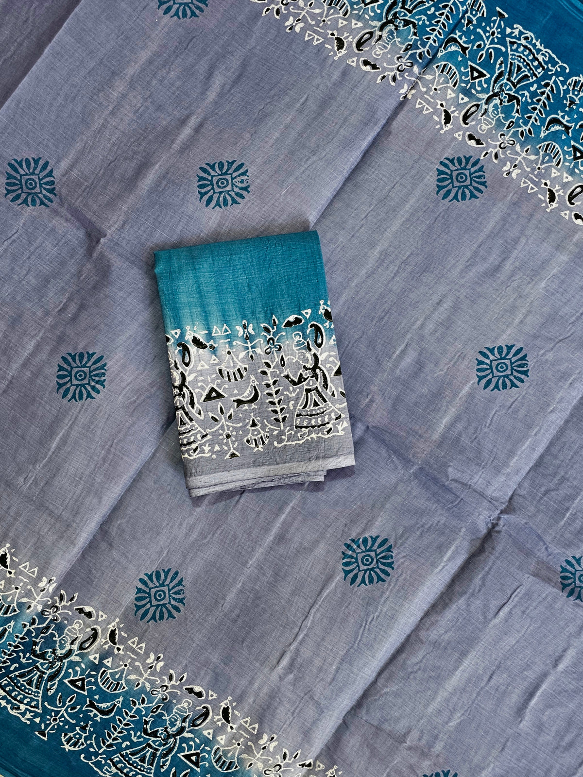 Pure Cotton with Hand Block Prints - Grey with Peacock Blue