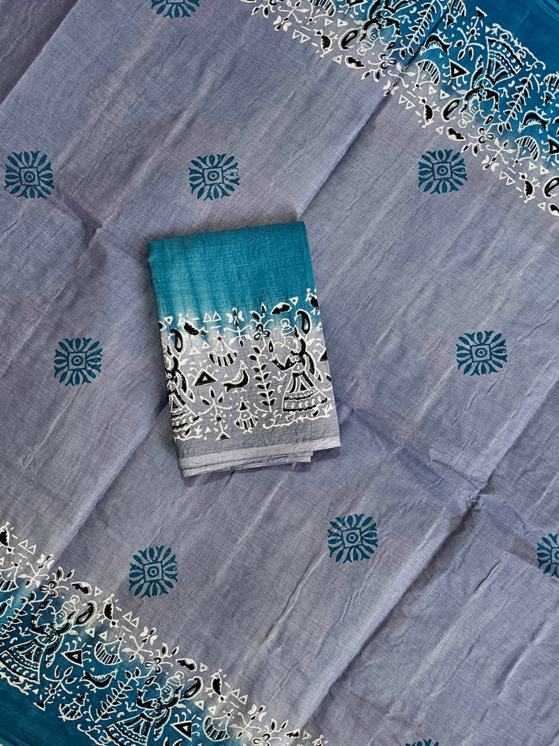 Pure Cotton with Hand Block Prints - Grey with Peacock Blue