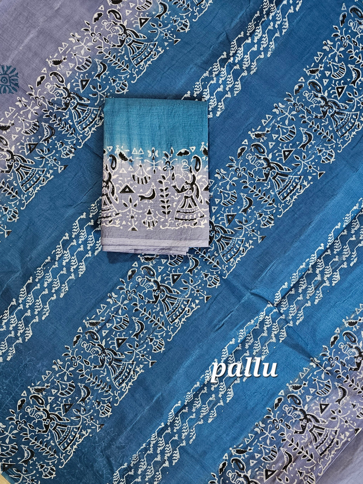Pure Cotton with Hand Block Prints - Grey with Peacock Blue