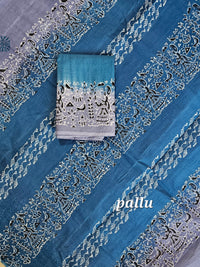 Pure Cotton with Hand Block Prints - Grey with Peacock Blue