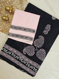 Pure Cotton with Hand Block Prints - Black with Pink