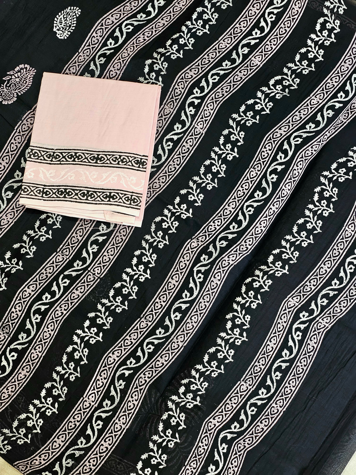 Pure Cotton with Hand Block Prints - Black with Pink