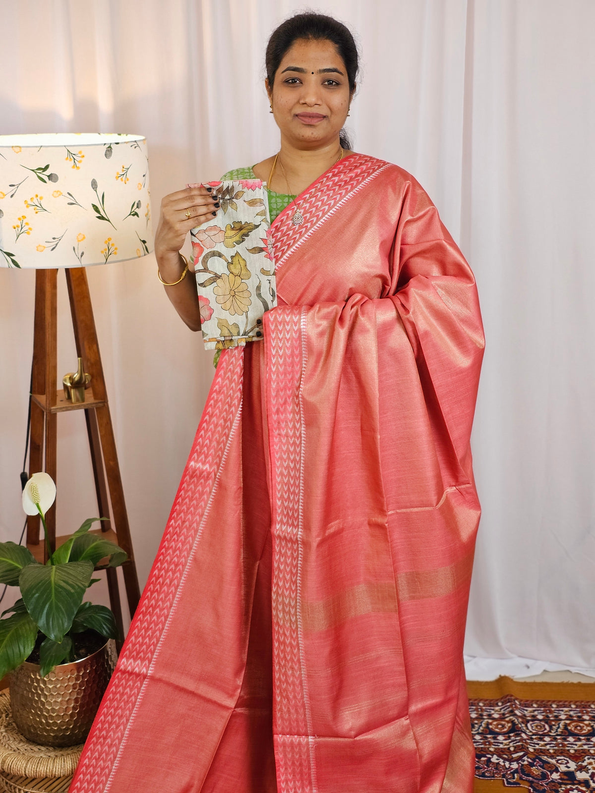 Bhagalpuri Tissue with Matching Blouse - Rust Orange