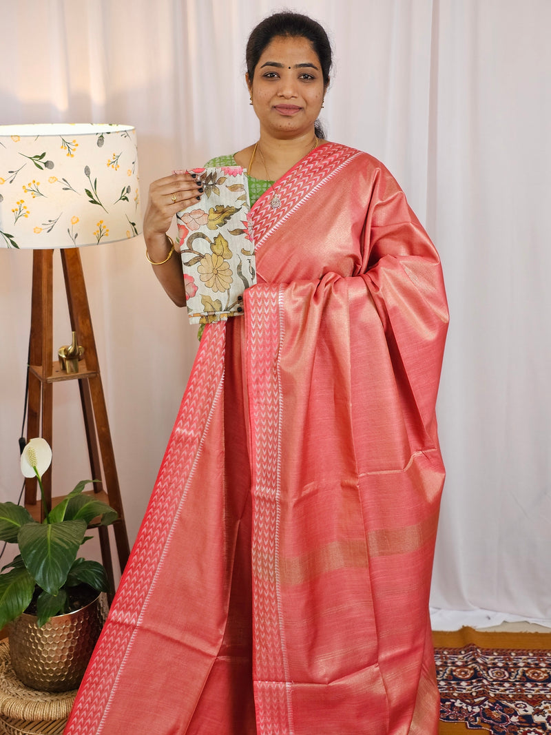 Bhagalpuri Tissue with Matching Blouse - Rust Orange