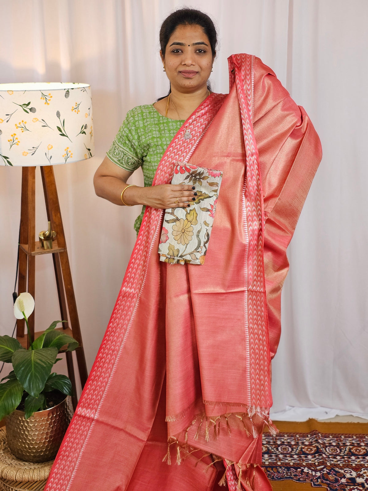 Bhagalpuri Tissue with Matching Blouse - Rust Orange