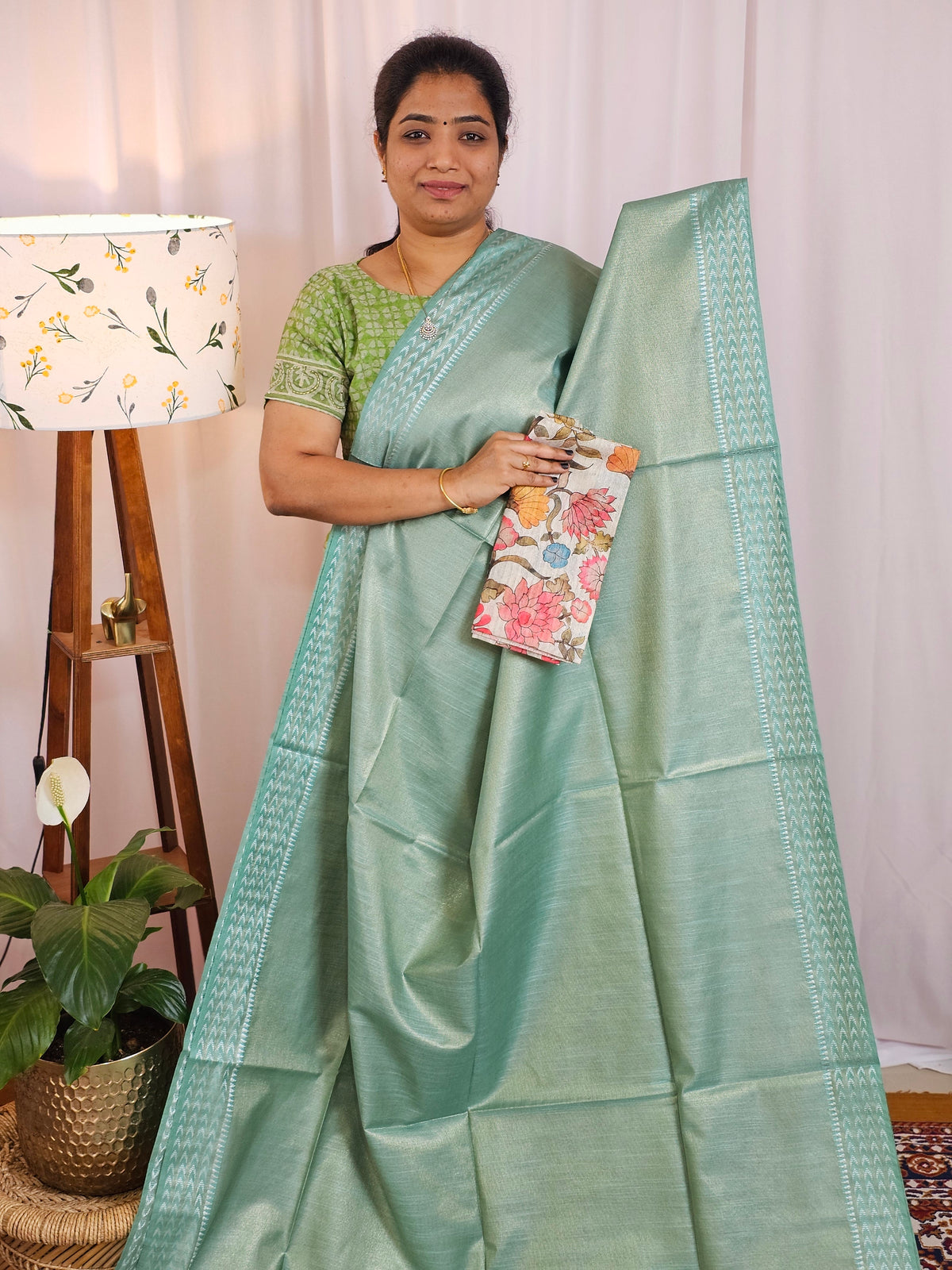 Bhagalpuri Tissue with Matching Blouse - Sea Green